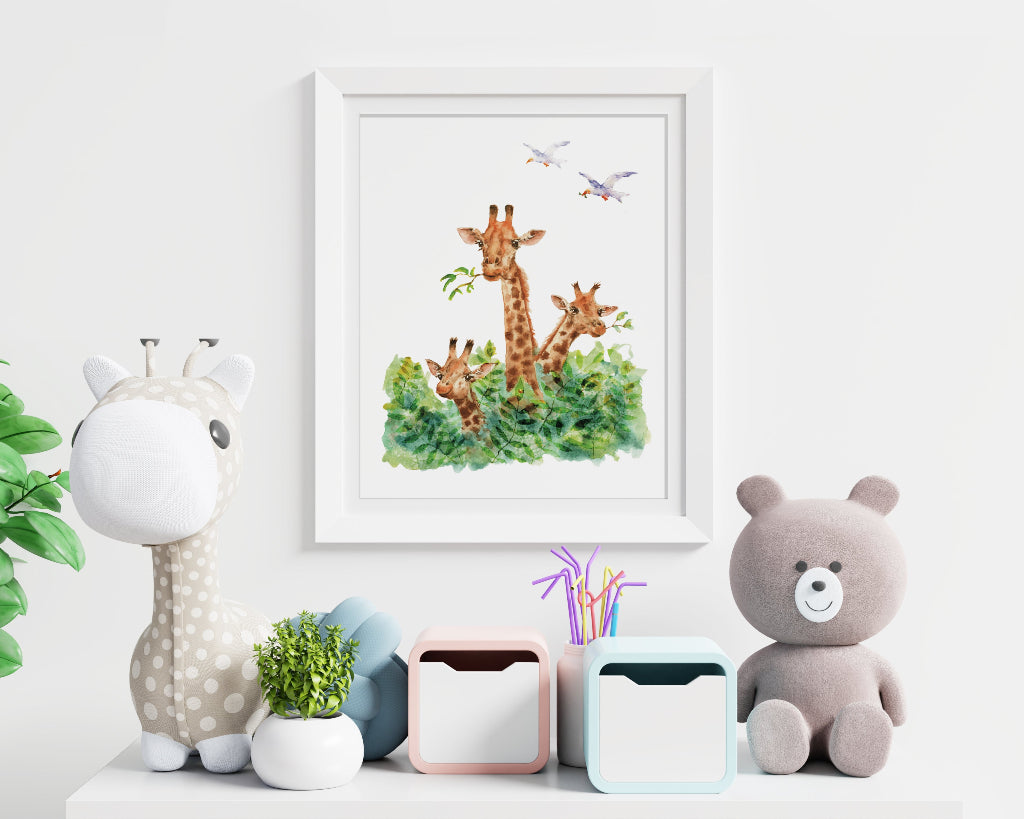 cute framed picture of 3 giraffes in a jungle themed nursery or childs bedroom