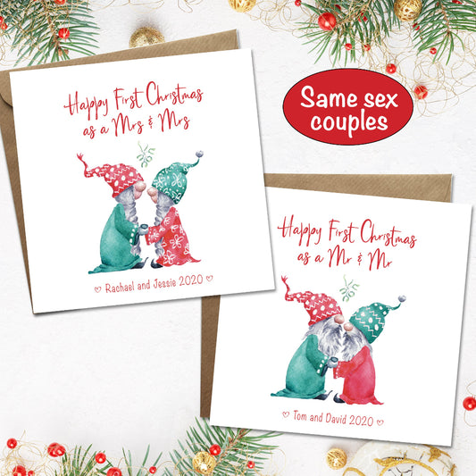 Two cute Christmas cards with lesbian and gay married gnomes and personalized text