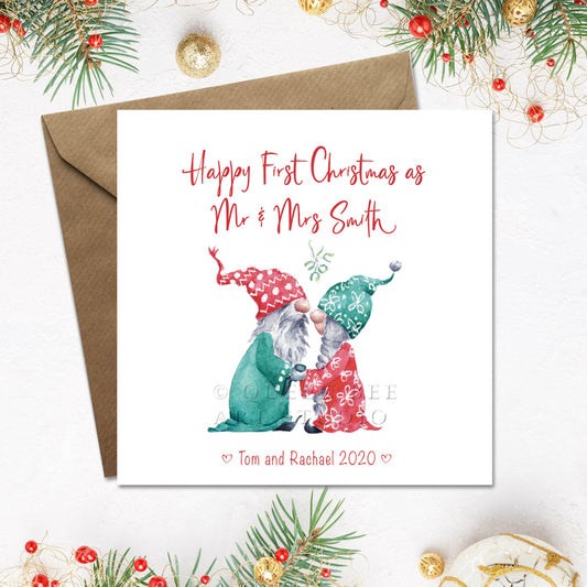 Christmas card with two gnomes and personalized text on a white background with festive decorations.