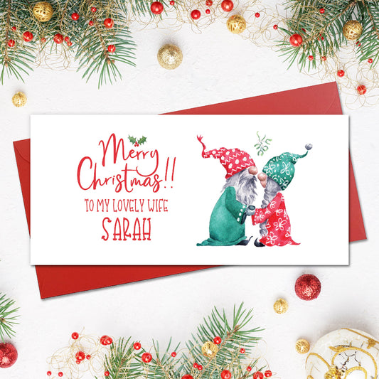 Cute personalised christmas money wallet gift card for wife or girlfriend with 2 gnomes kissing under mistletoe