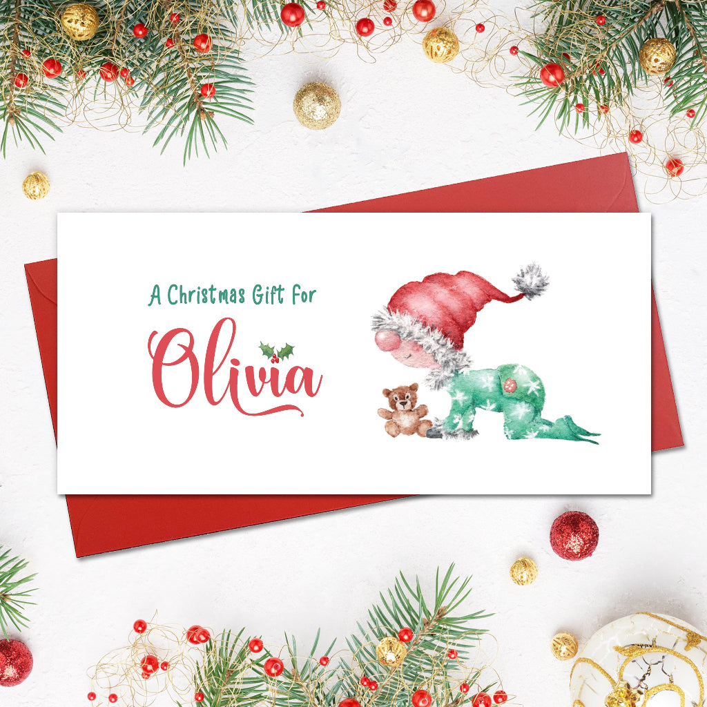 Cute christmas gift wallet for baby girl or boy with cute cartoon of gender neutral baby with santa hat