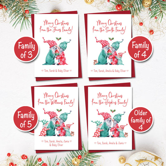 Set of cute personalised Christmas cards from your family, showing designs for families of 3,4 and 5. Design features cute Christmas gonk or gnome family