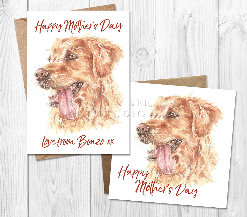 2 Happy mother's day cards illustrated with a watercolour painting of a golden retriever, one is personalised with love from the dog