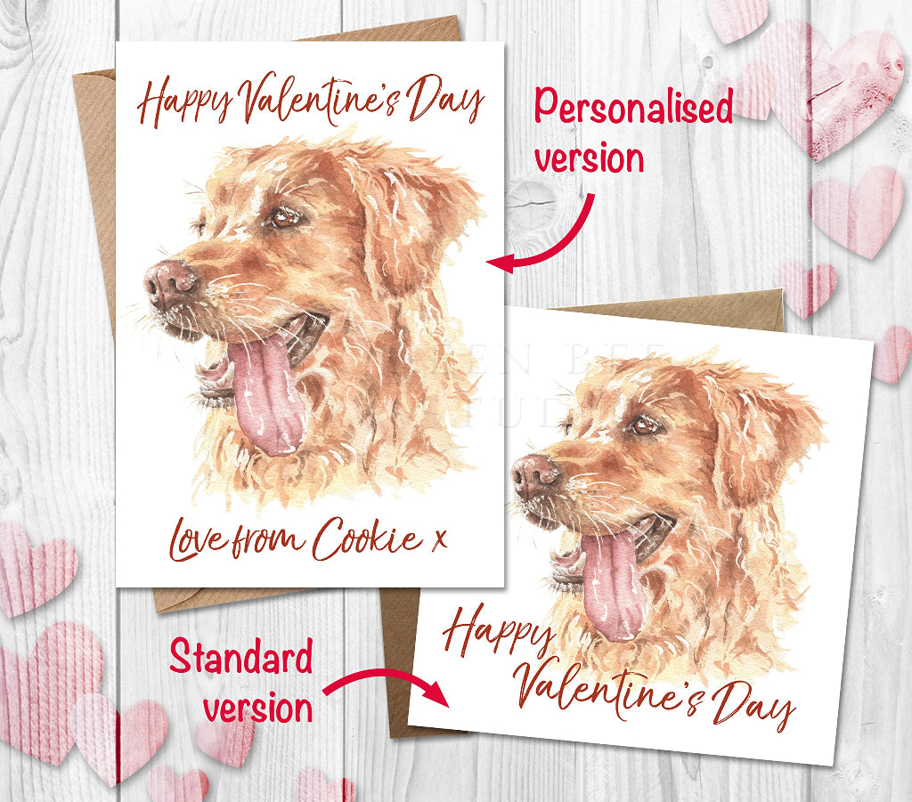 2 golden retriever valentine's cards, showing customisation information. One card is personalised with love from the dog, and one standard