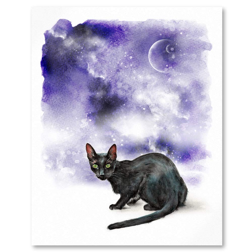 close up of watercolour print in with purple fantasy night sky with black cat moon planets and stars