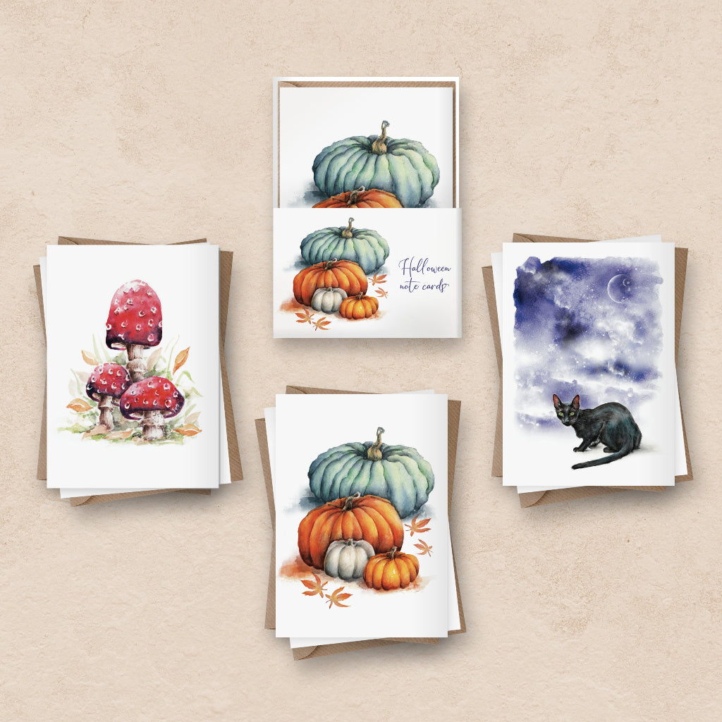 set of 6 Halloween themed note cards with pumkins, black cat and red toadstool on the front