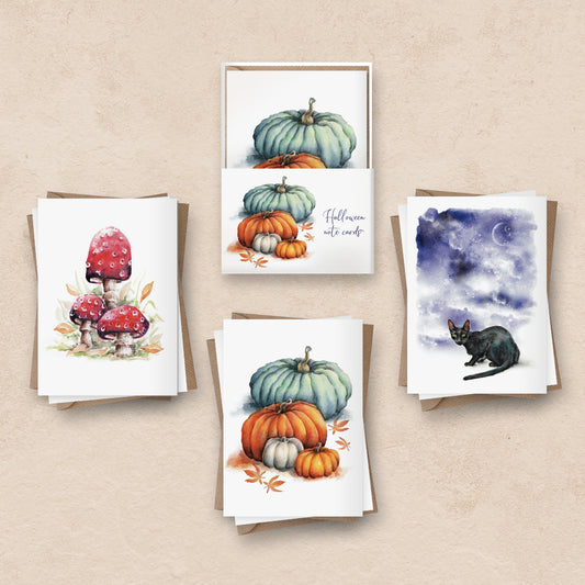 set of 6 Halloween themed note cards with pumkins, black cat and red toadstool on the front