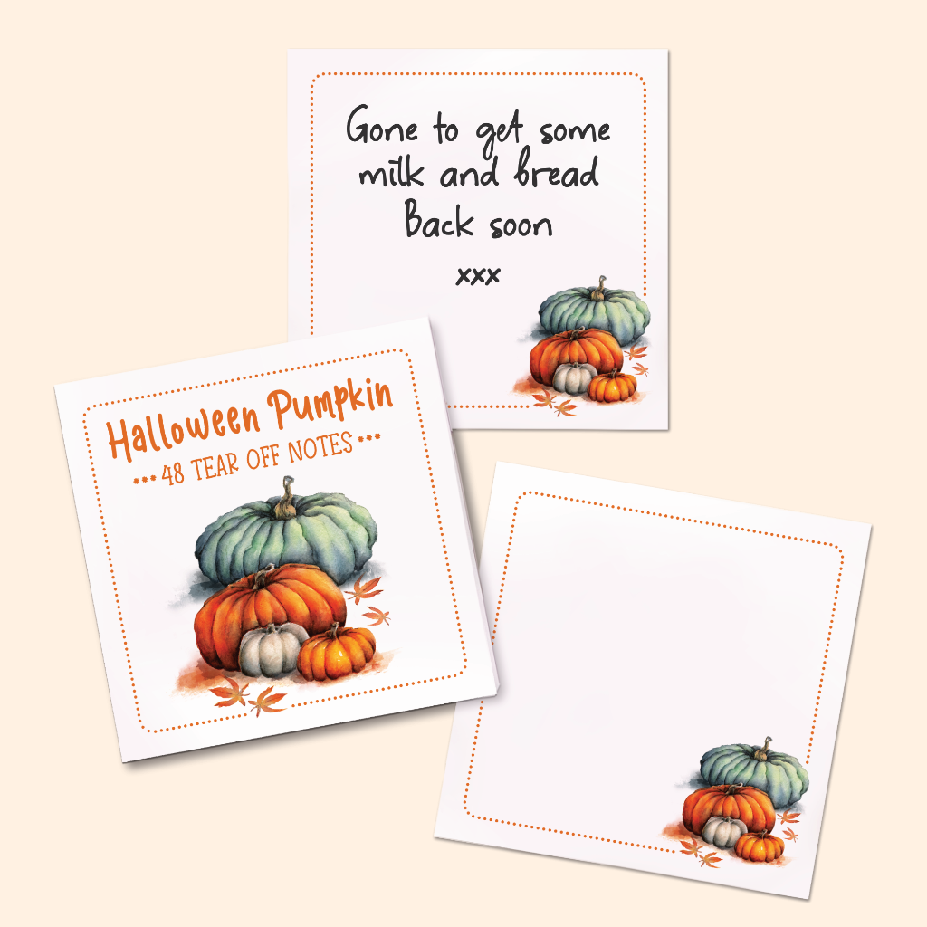 Two square Halloween-themed notes with the mini memo pad arranged on a light cream background. The memo blocl shows the cover and is labelled 'Halloween Pumpkin, 48 tear off notes'