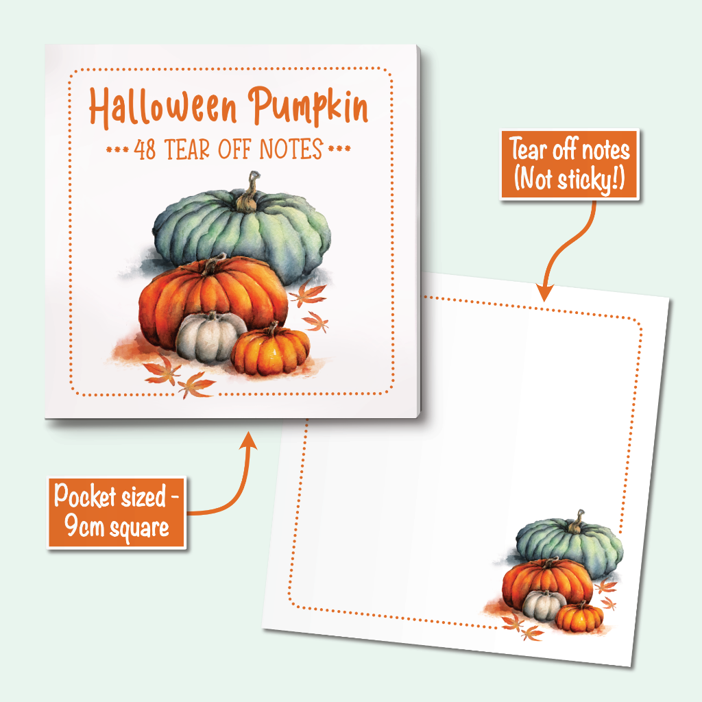 Halloween pumpkin tear-off notes shown on a pale mint background, with one note displaying the front design and another showing the back with a dotted border and pumpkin illustration. Orange text callouts describe the product.