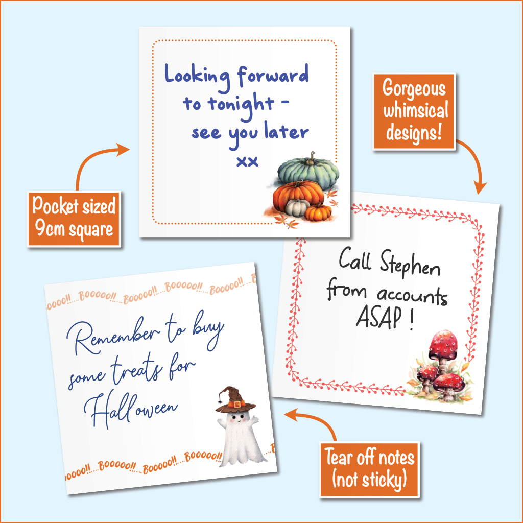 Three Halloween-themed pocket size 9cm square tear off notes arranged on a light blue background with descriptive orange callout boxes. The notes feature whimsical designs including pumpkins, a ghost in a witch hat, and mushrooms, with tear-off notes indicated.
