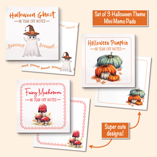 Three Halloween-themed mini memo pads shown on a light beige background, with orange promotional text reading 'Set of 3 Halloween Theme Mini Memo Pads' and 'Super cute designs!'. The pads feature illustrated designs: a white ghost with an orange witch hat, stacked pumpkins in orange and green, and red-and-white mushrooms.