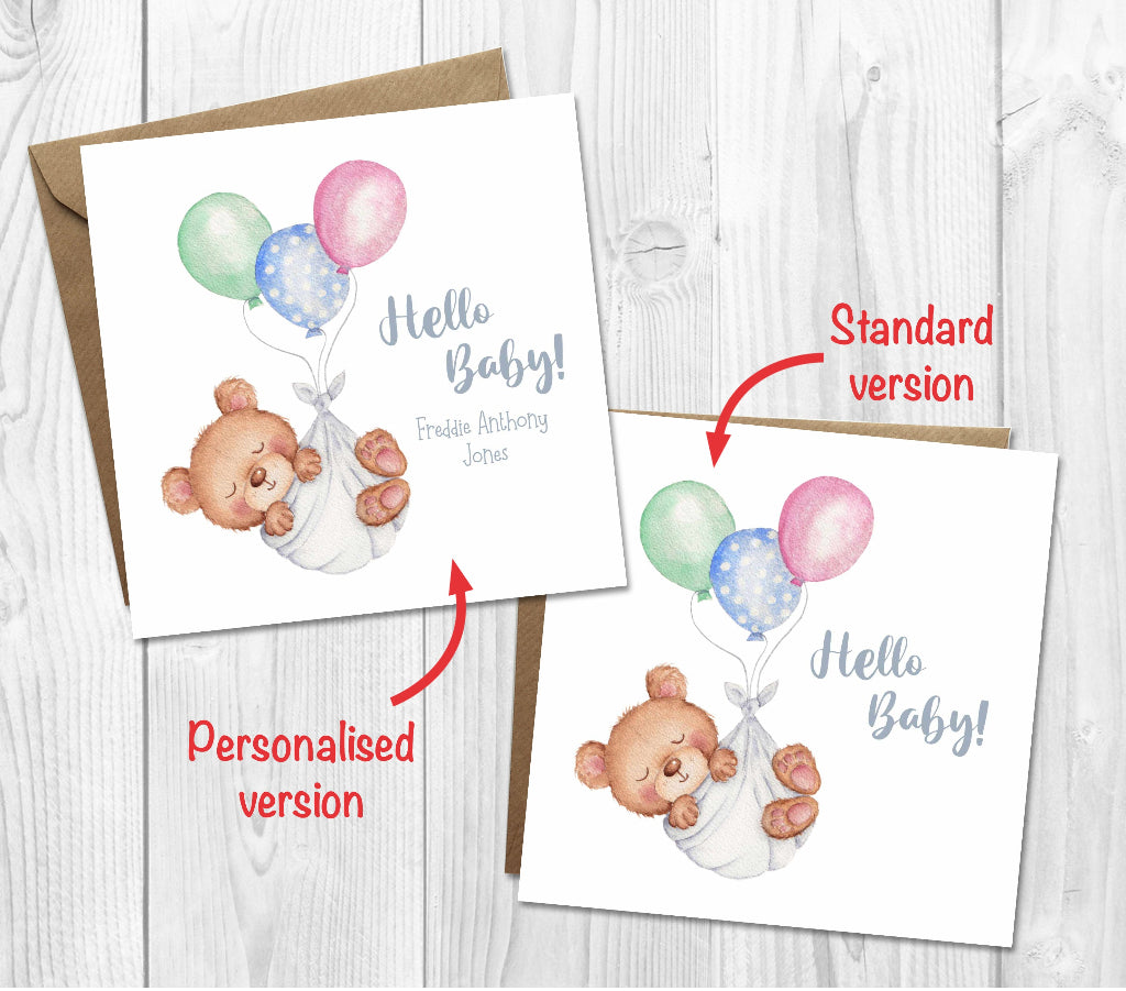 Two new baby cards with a bear and balloons on a wooden surface, one labeled 'Standard version' and the other 'Personalised version', printed with baby's name