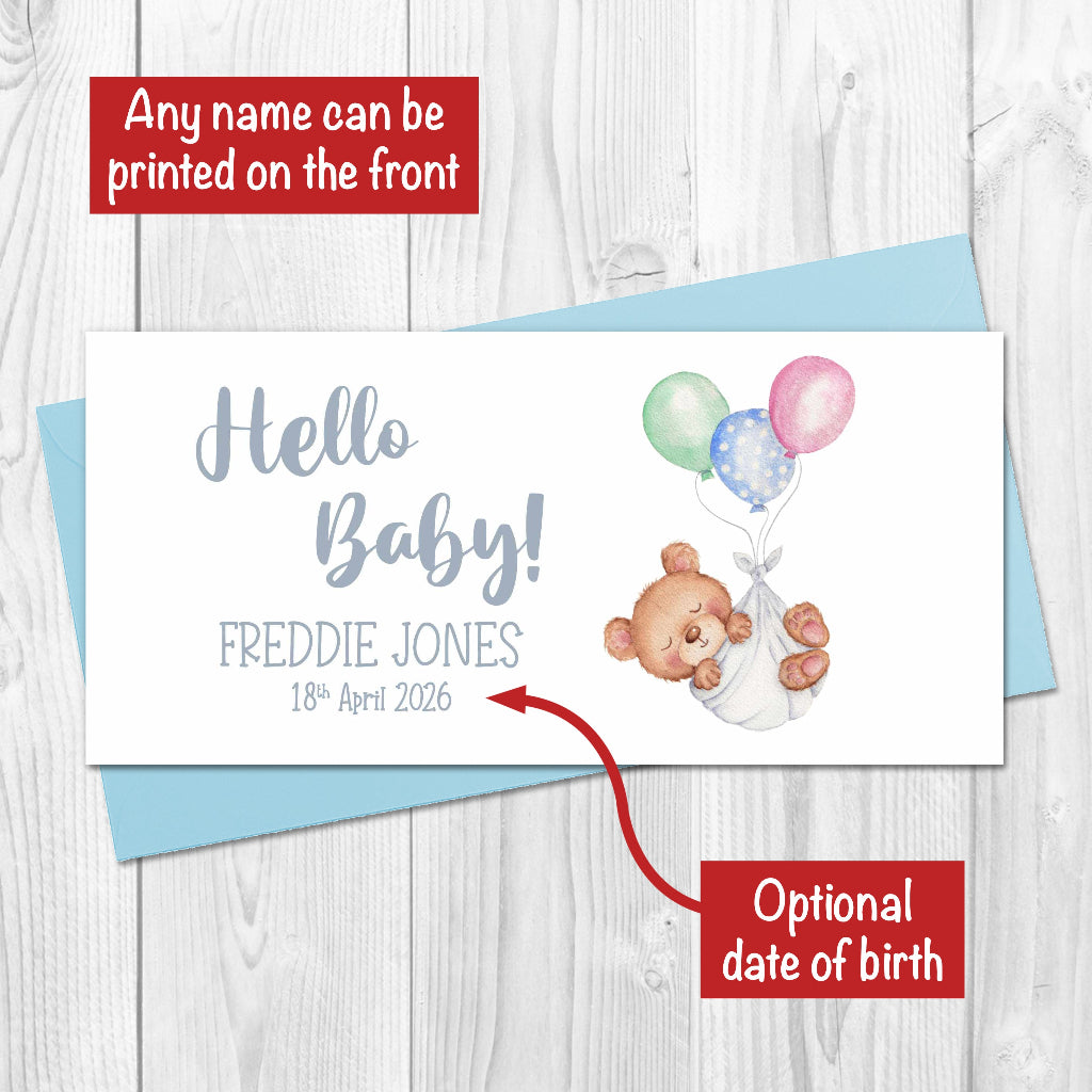 Hello Baby money wallet card with cute teddy bear and balloons for new baby boy