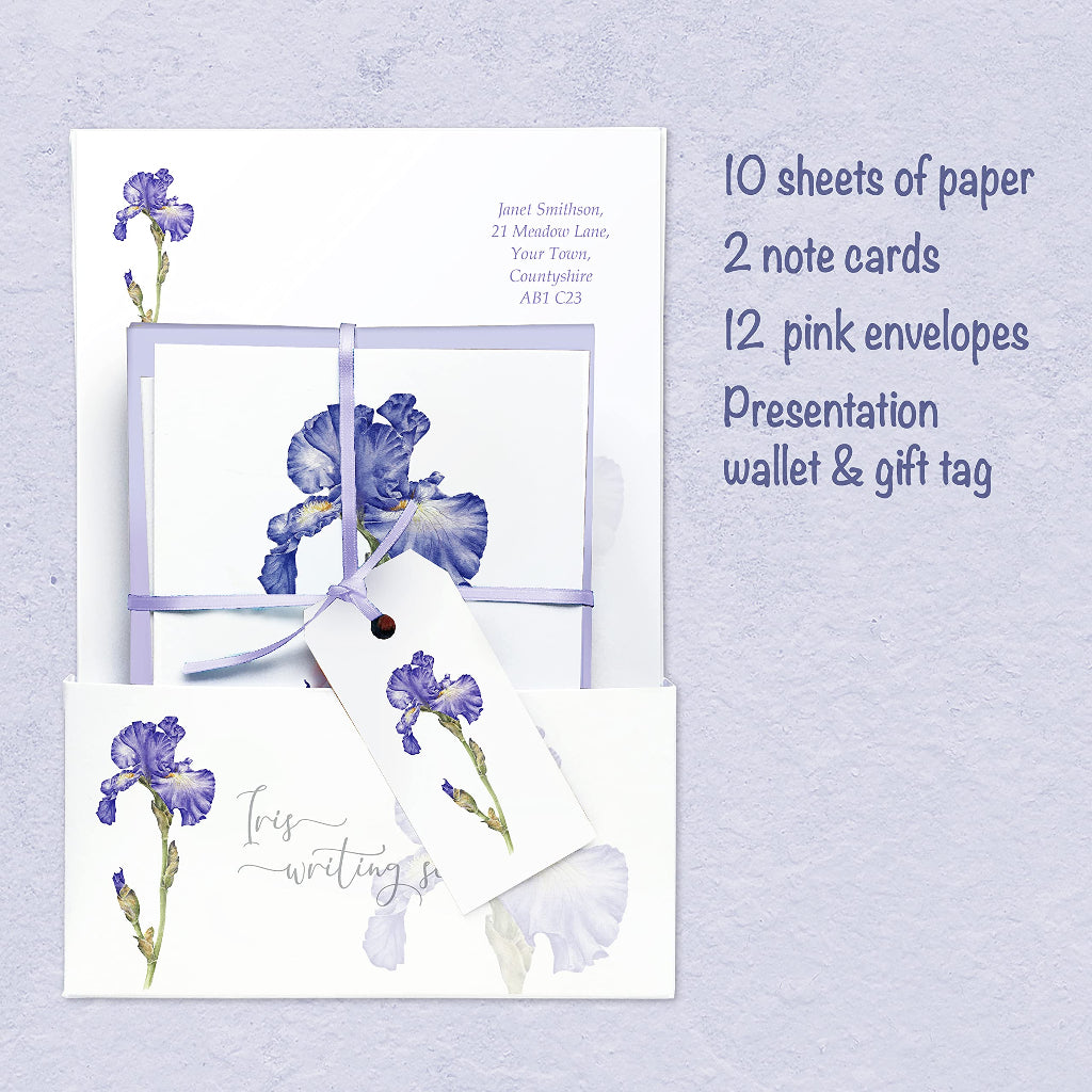 Personalised lilac iris stationery set showing contents and presentation wallet
