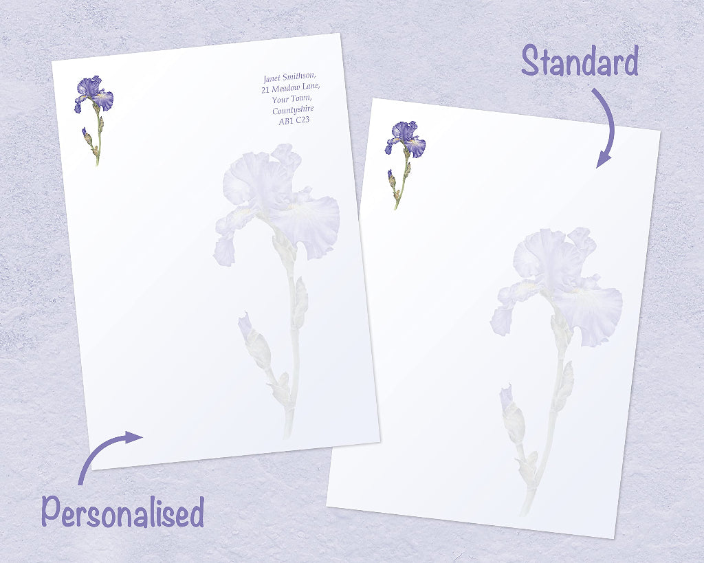 Writing paper with purple blue iris design, showing personalised and standard options