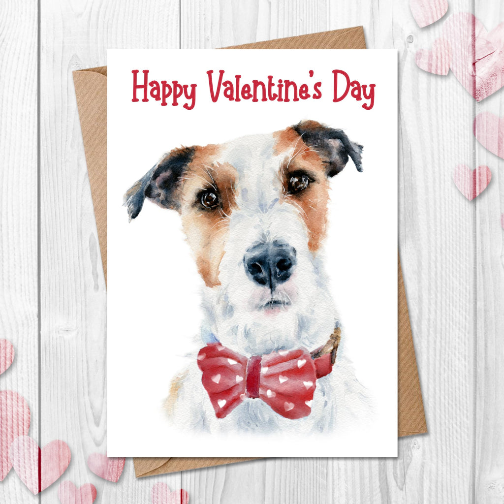 Valentines card with a white and tan wire haired jack russell on the front