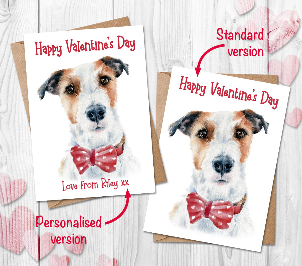 2 valentines cards with a painting of a jack russell on the front, one which is personalised with dog's name