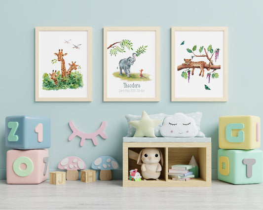 set of 3 framed jungle animal art prints with personalised name & birthday in child's bedroom or nursery