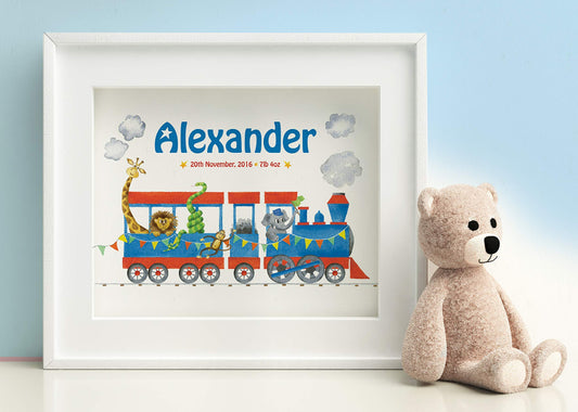 framed personalised print with blue and red circus steam train with jungle animals and bunting