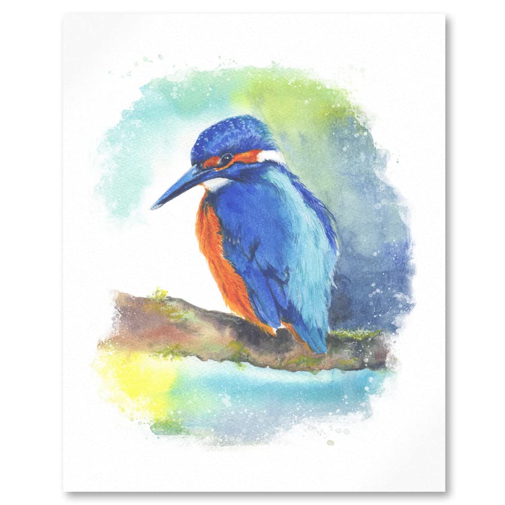 Close up of watercolour painting of kingfisher with shades of blue green in background