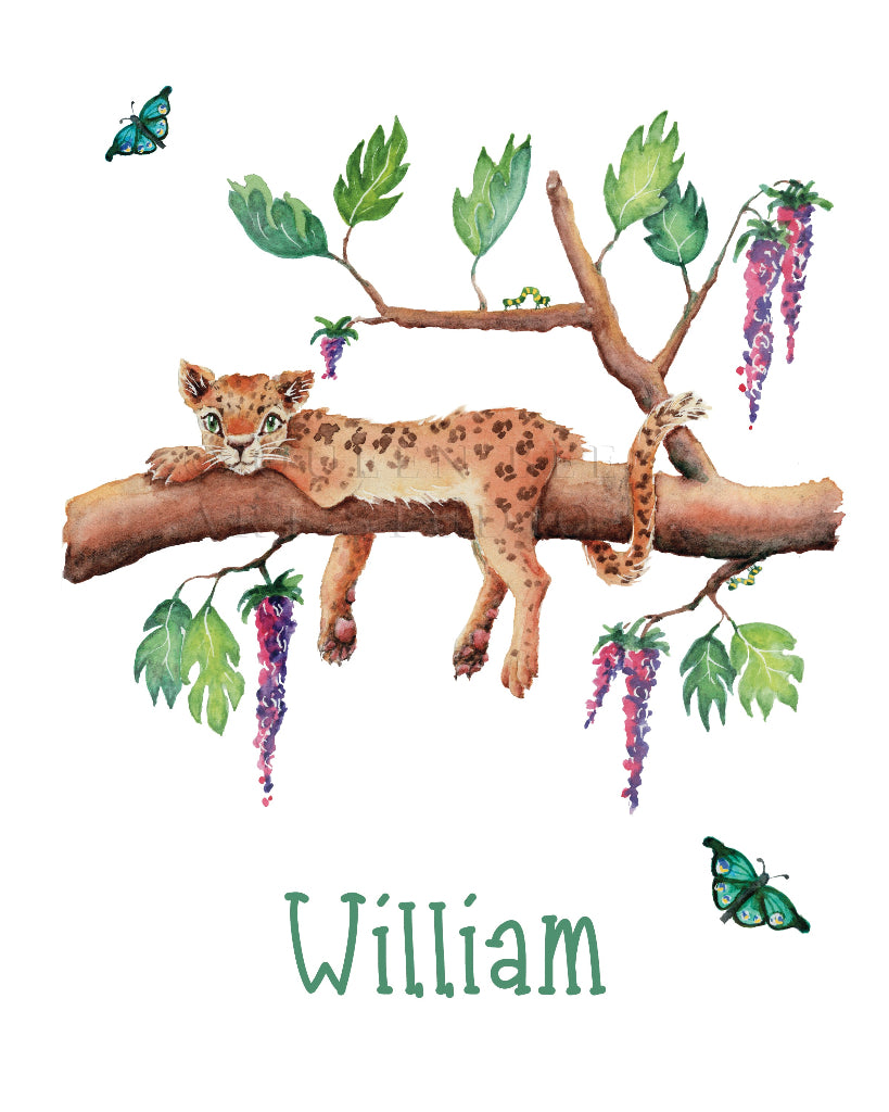 watercolour painting of a cute leopard lying in a leafy tree with flowers & butterflies, personalised with child's name