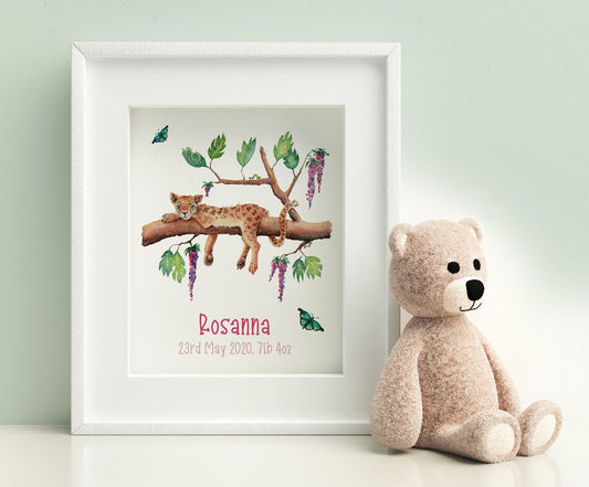 small framed picture of cute leopard personalised with name and birth details in bright pink for nursery or kids bedroom