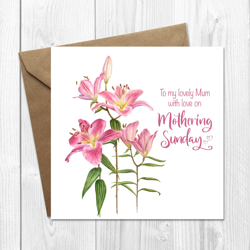 Mothering Sunday card to my lovely mum with watercolour painting of pink lilies on the front