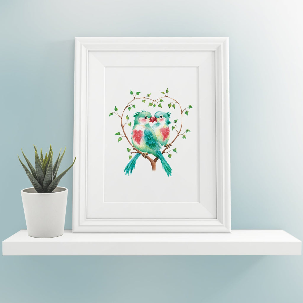 small framed print of lovebirds in heart shaped bower on white shelf in duckegg blue room