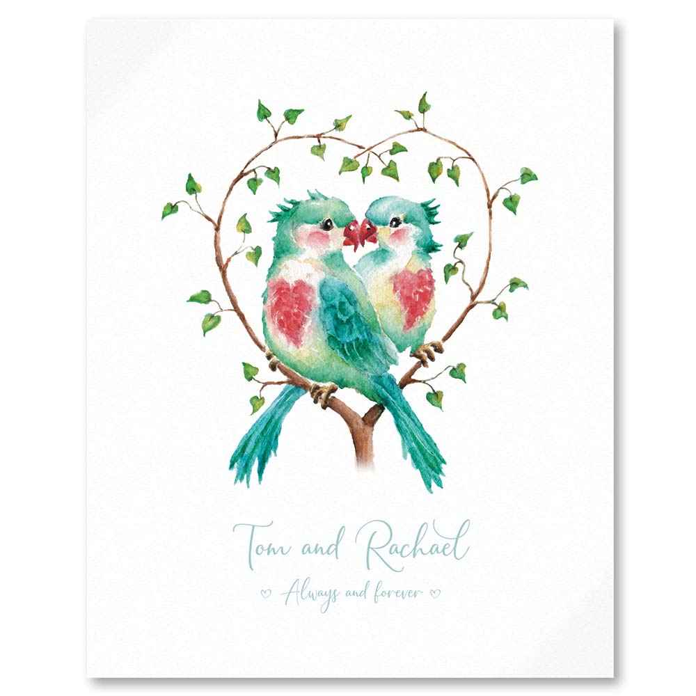 detail of pretty green and pink lovebirds picture, personalised for couple with names