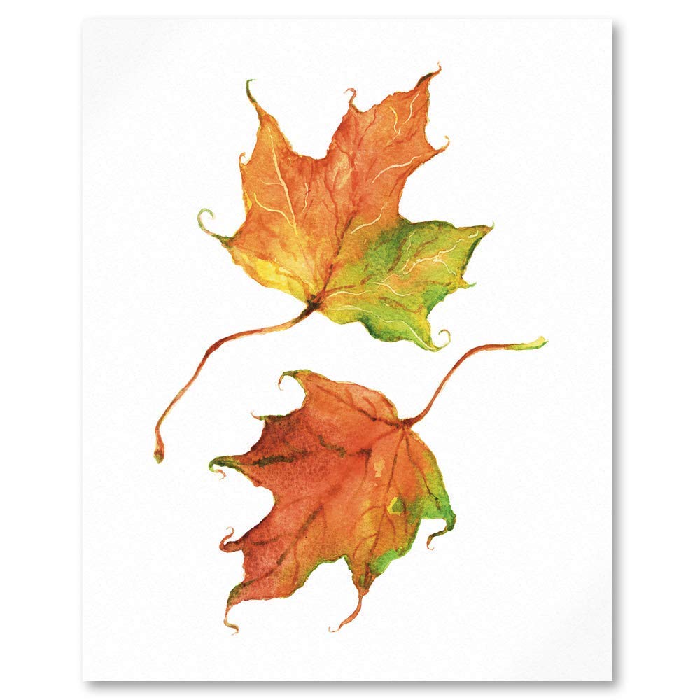close up of watercolour botanical illustration art print of 2 maple leaves in autumn colours of orange, copper and green