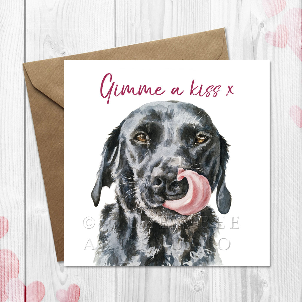Valentines Card with a black labrador illustration and 'Gimme a kiss ' text front.