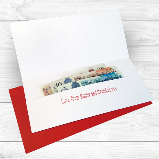 Customised gift wallet greeting card with cash money present, with personalised message printed inside from grandparent, mum, dad, sister, brother, son, daughter, husband, wife