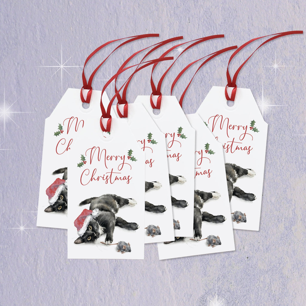 Set of 6 Christmas gift tags with a cute black & white cat in a santa hat illustration and 'Merry Christmas' text