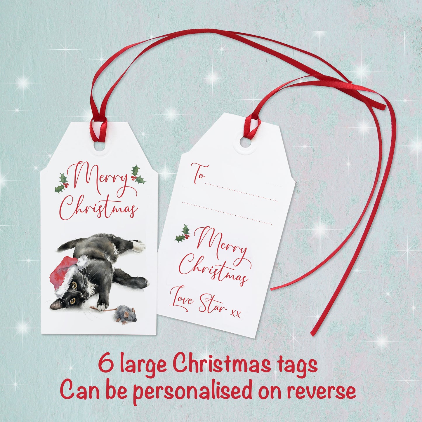 Large Christmas gift label with beautiful black & white cat in santa hat. The gift tag can be personalised with cat's name on reverse
