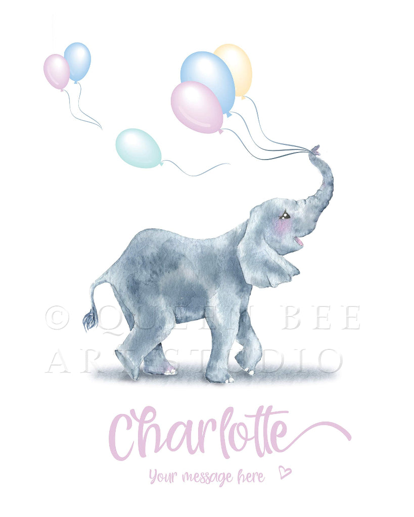 close up of personalised baby elephant and pastel balloons art print with name in pink