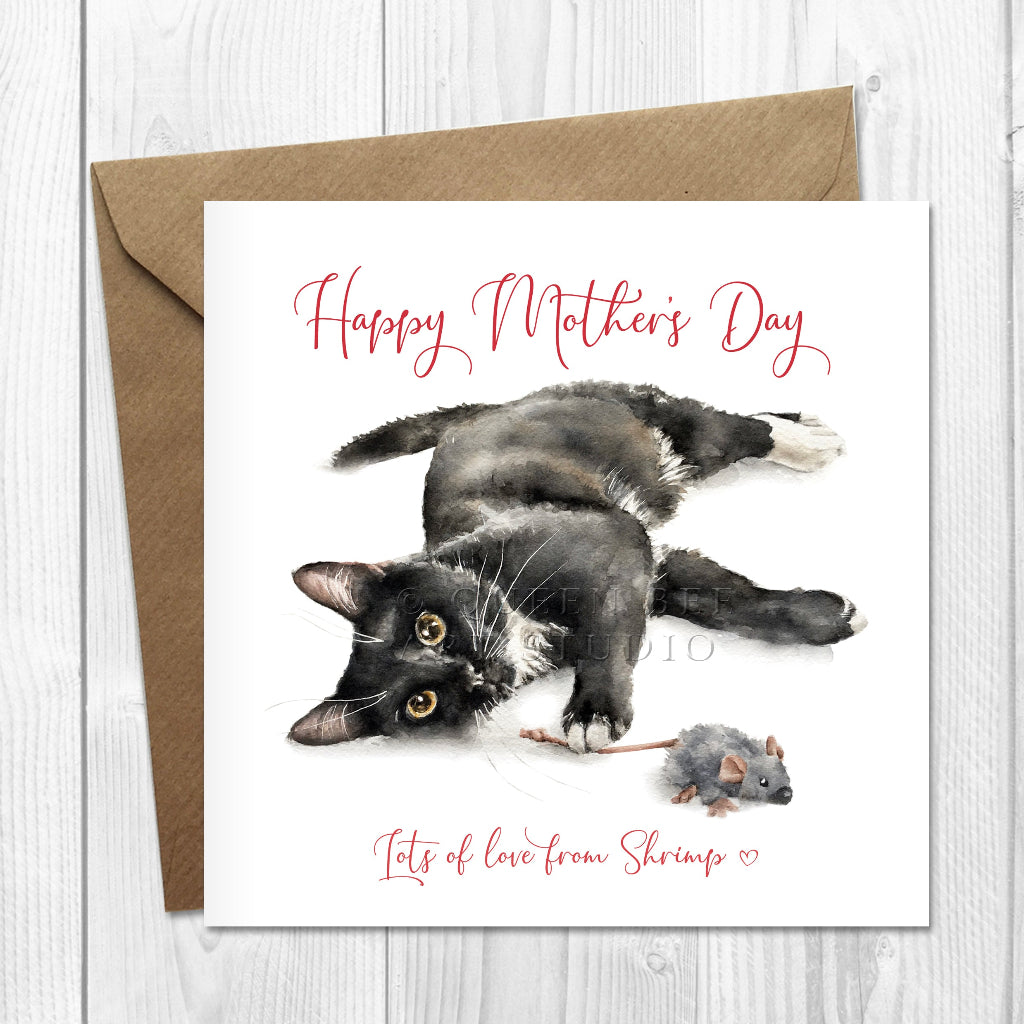 Personalised mother's day card with a black and white cat and a mouse on a white background