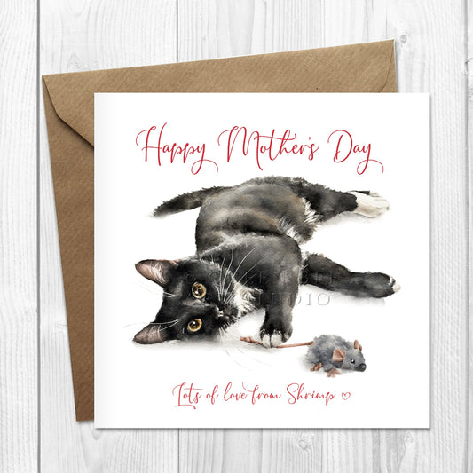 Personalised mother's day card with a black and white cat and a mouse on a white background