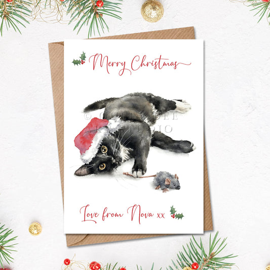 Personalised Merry christmas card from black & white cat