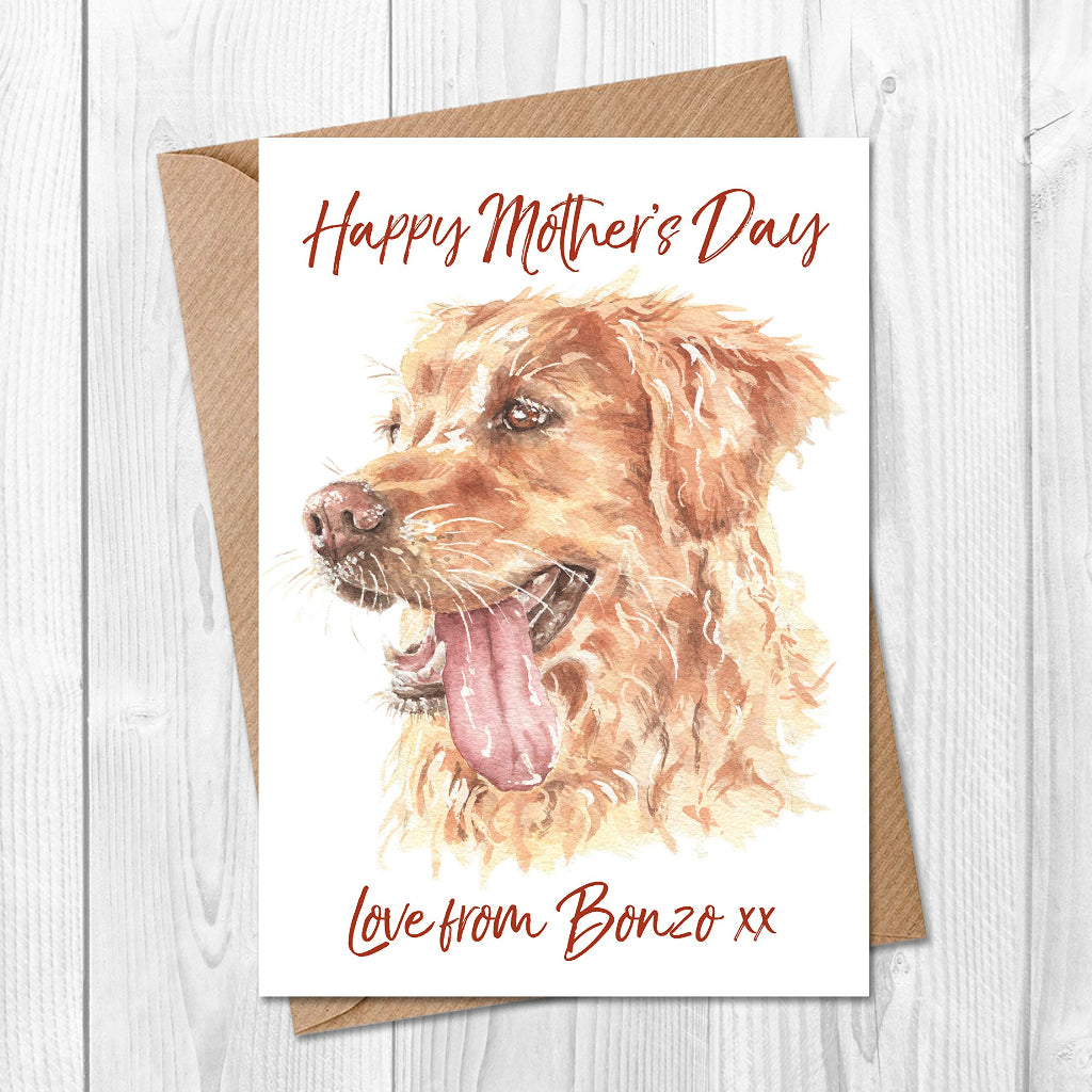 Personalised Happy Mother's Day card from the dog, printed with your dog's name on the front. The front is printed with a painting of a golden retriever dog.