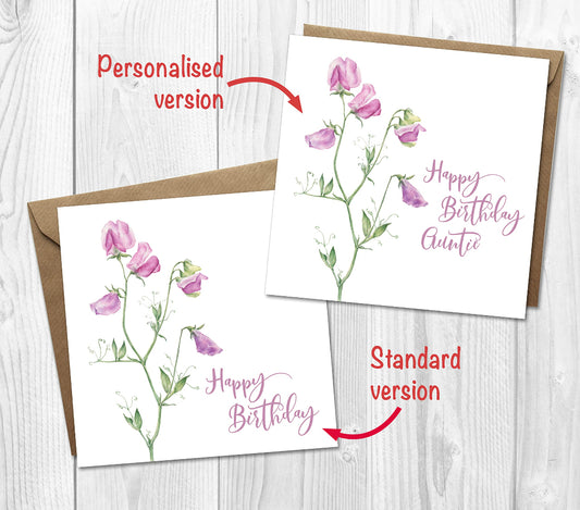 personalised pink sweet pea birthday card  with printed with any name