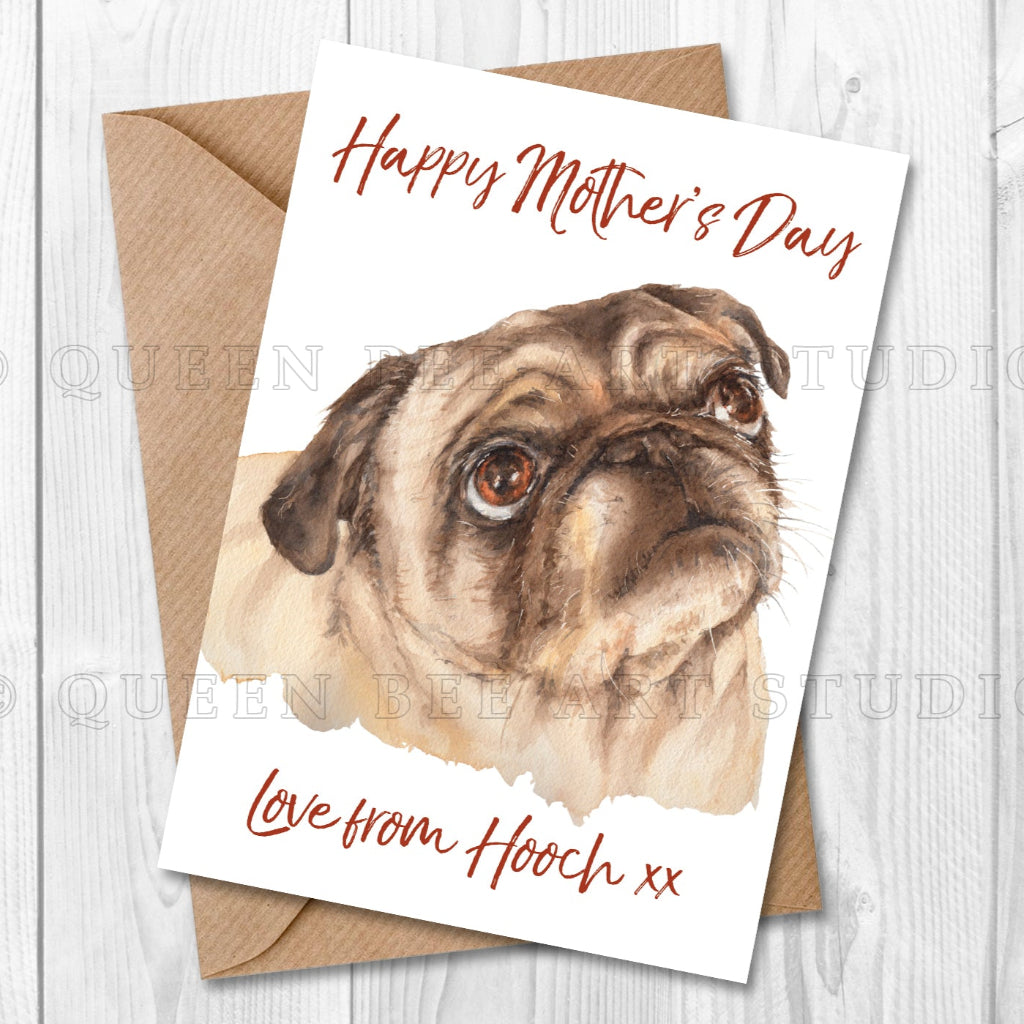 Mother's Day card with a pug illustration and 'Happy Mother's Day' text , personalised from the dog