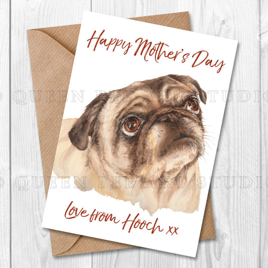 Mother's Day card with a pug illustration and 'Happy Mother's Day' text , personalised from the dog