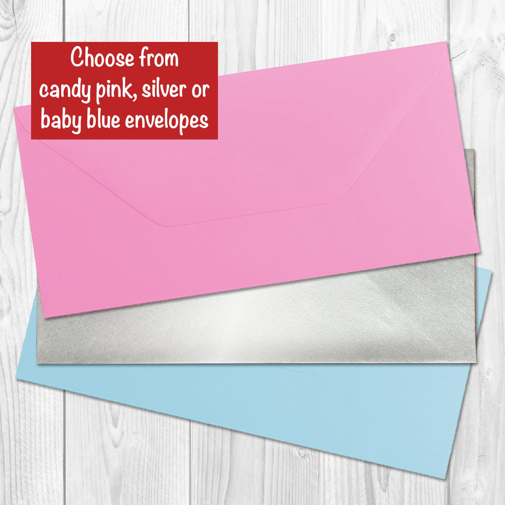 different colour options for envelopes in pink, silver or blue