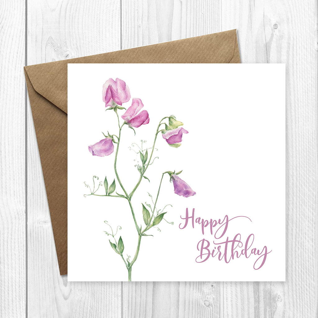 pink floral happy birthday card with sweet peas
