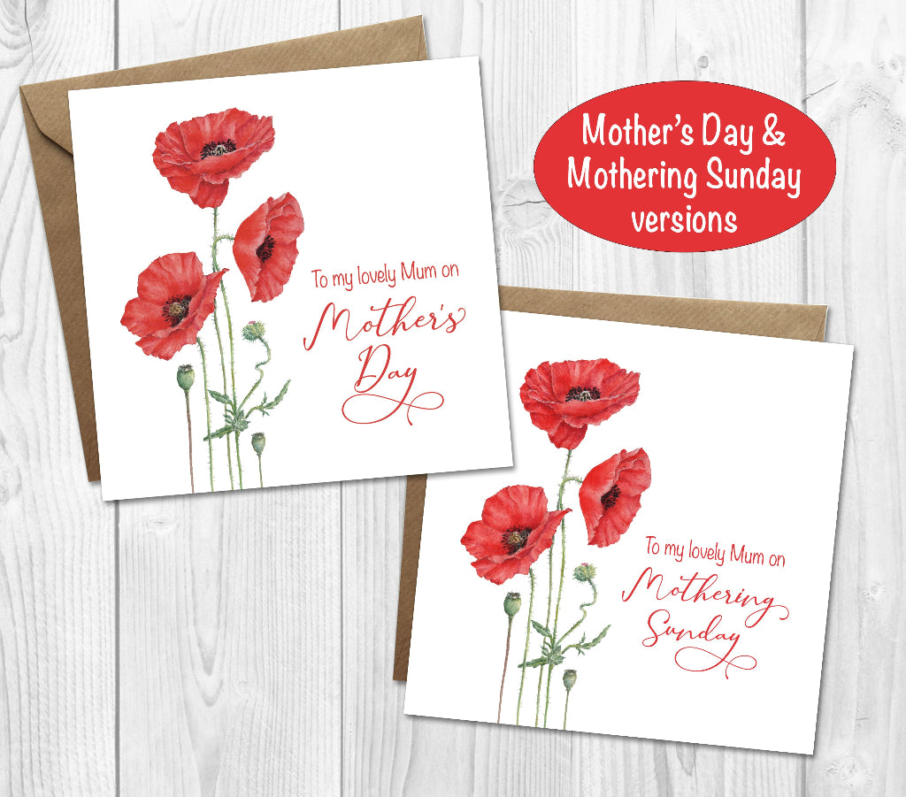 2 red poppy cards showing Mother's Day and Mothering Sunday versions