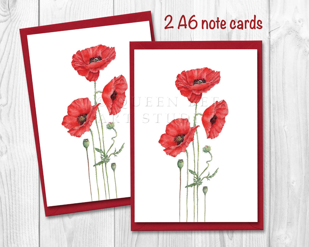2 poppy notelets with red envelopes