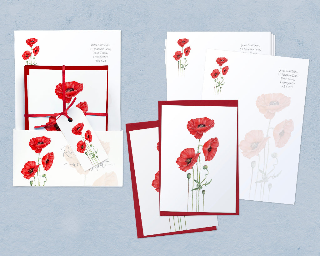 Poppy stationery set in a presentation wallet, with personalised writing paper, poppy note cards and red envelopes
