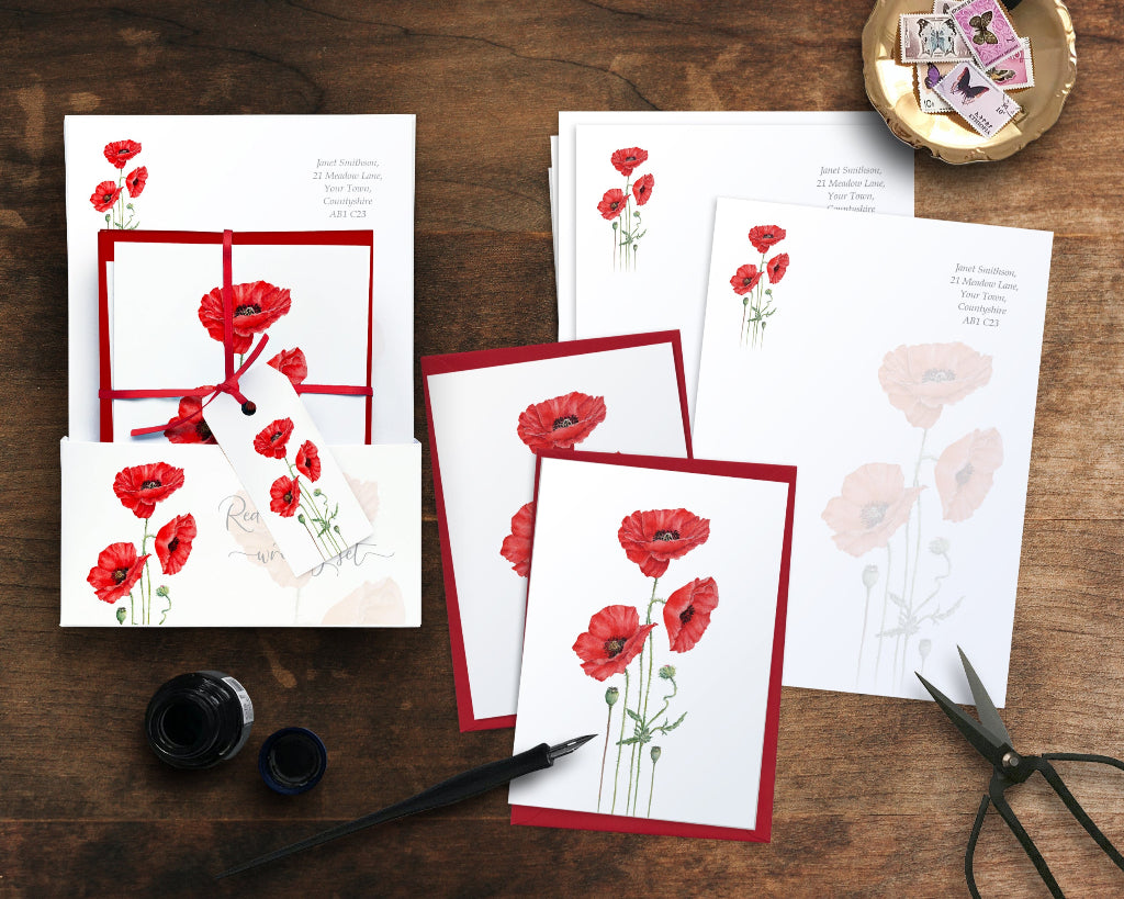 Personalised poppy writing paper and poppy cards, with presentation wallet, gift tag and red ribbon, for christmas gifting and birthday presents