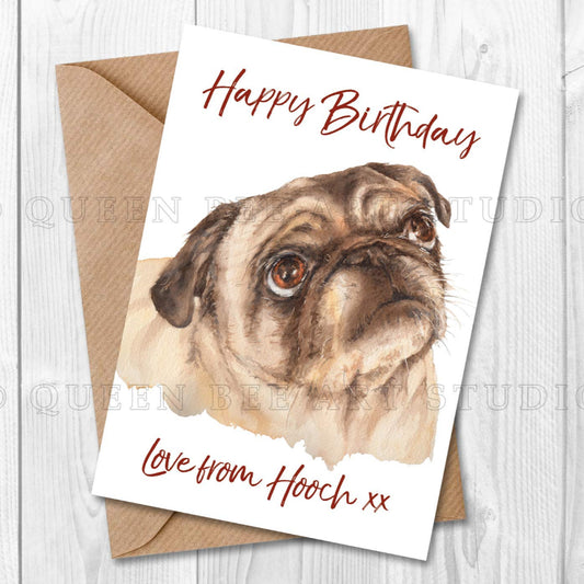 Happy birthday card with beige pug personalised from dog