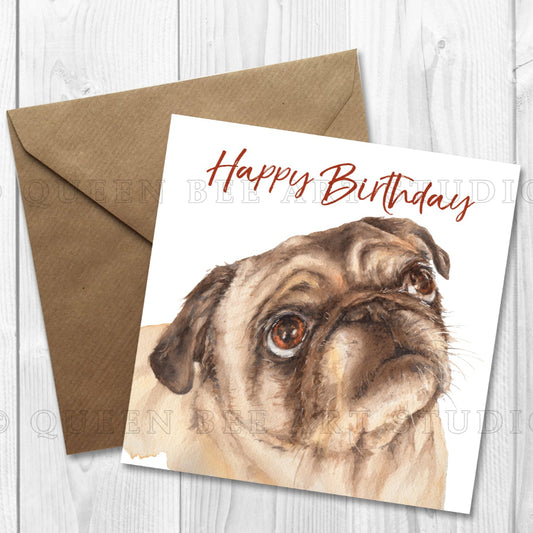 birthday card with cream pug with big sad eyes on front